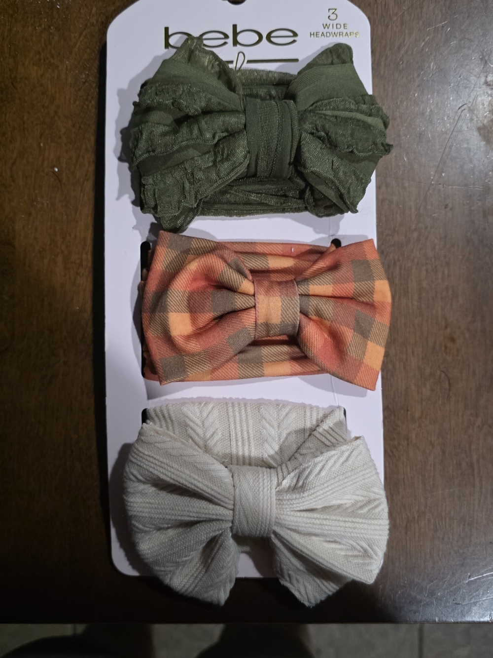 bebe Girls 3-Pack Wide Headwraps in Olive, Orange Plaid & Cream